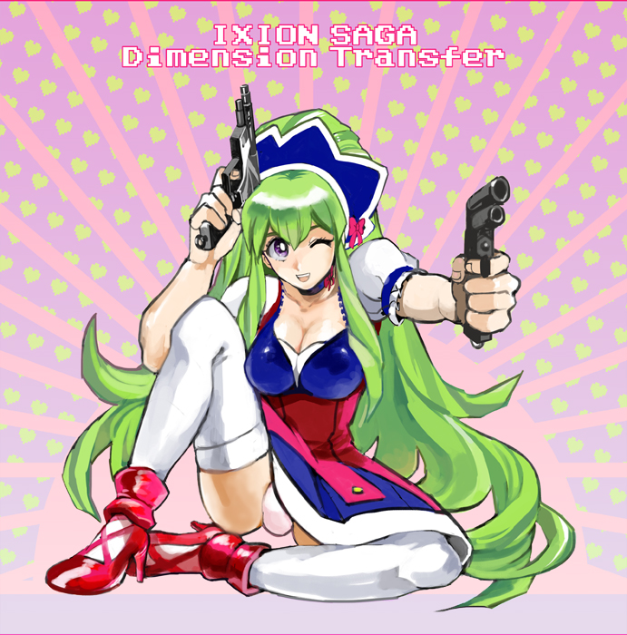 1girl bow breasts bulge collarbone copyright_name fon-due_(fonfon) futanari green_hair grey_eyes gun hair_between_eyes handgun heart holding holding_gun holding_weapon ixion_saga ixion_saga_dt large_breasts long_hair mariandale one_eye_closed open_mouth panties red_bow red_footwear solo thighhighs underwear very_long_hair weapon weapon_request white_panties white_thighhighs