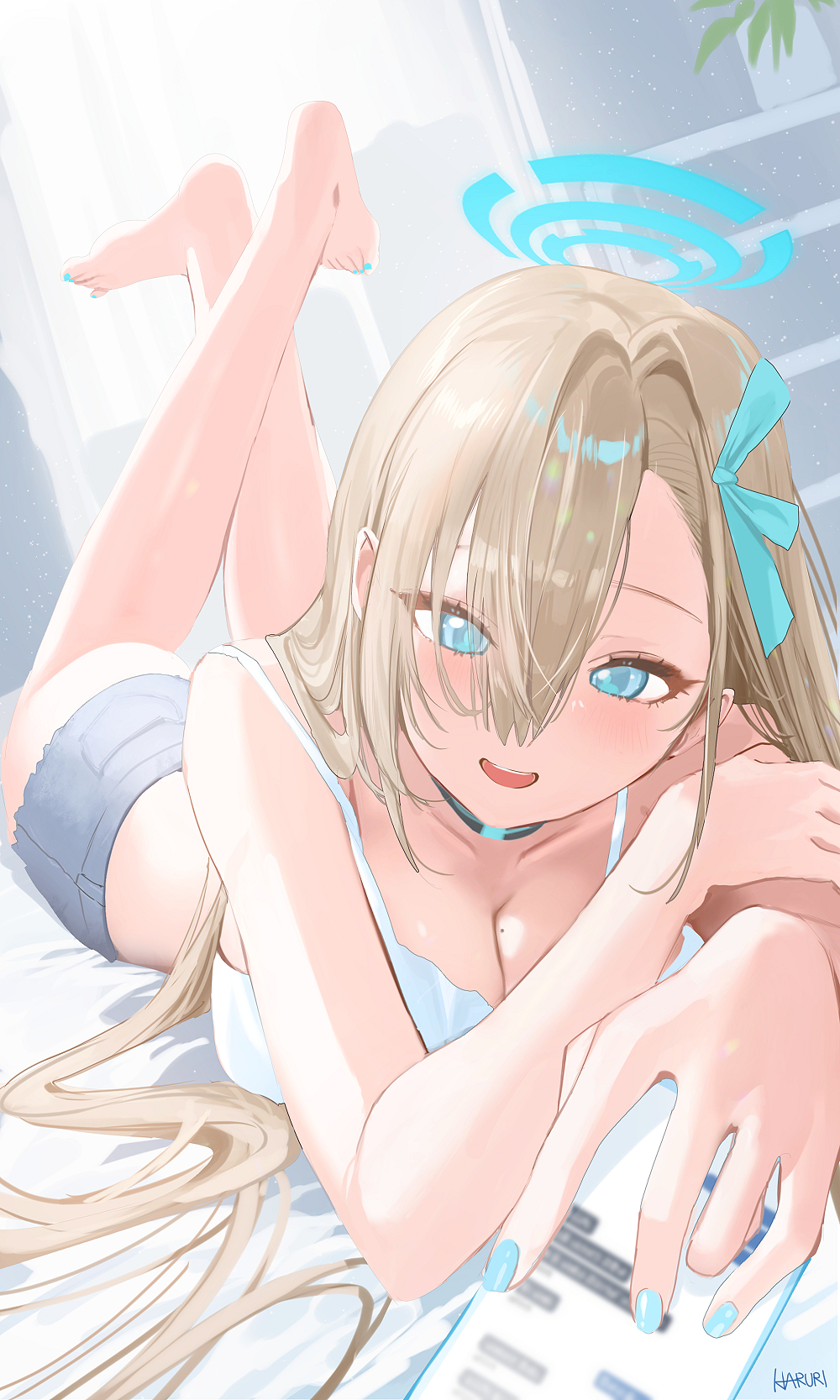 1girl aqua_eyes asuna_(blue_archive) bare_legs barefoot blue_archive blush breasts camisole cellphone cellphone_photo cleavage collarbone commentary_request crossed_ankles denim denim_shorts feet_up fingernails halo haruri highres indoors light_brown_hair looking_at_viewer lying mole mole_on_breast nail_polish on_stomach phone shorts smile solo toenail_polish toenails toes white_camisole