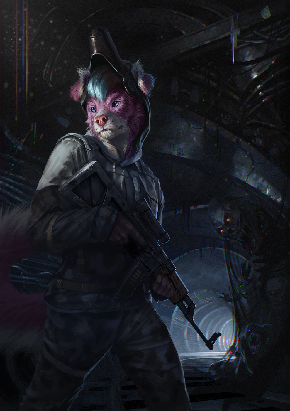 2019 5_fingers anthro blue_eyes blue_hair canid canine canis clothed clothing conditional_dnp detailed_background digital_media_(artwork) domestic_dog fur gun hair holding_object holding_weapon latex_(artist) male mammal purple_fur ranged_weapon solo weapon