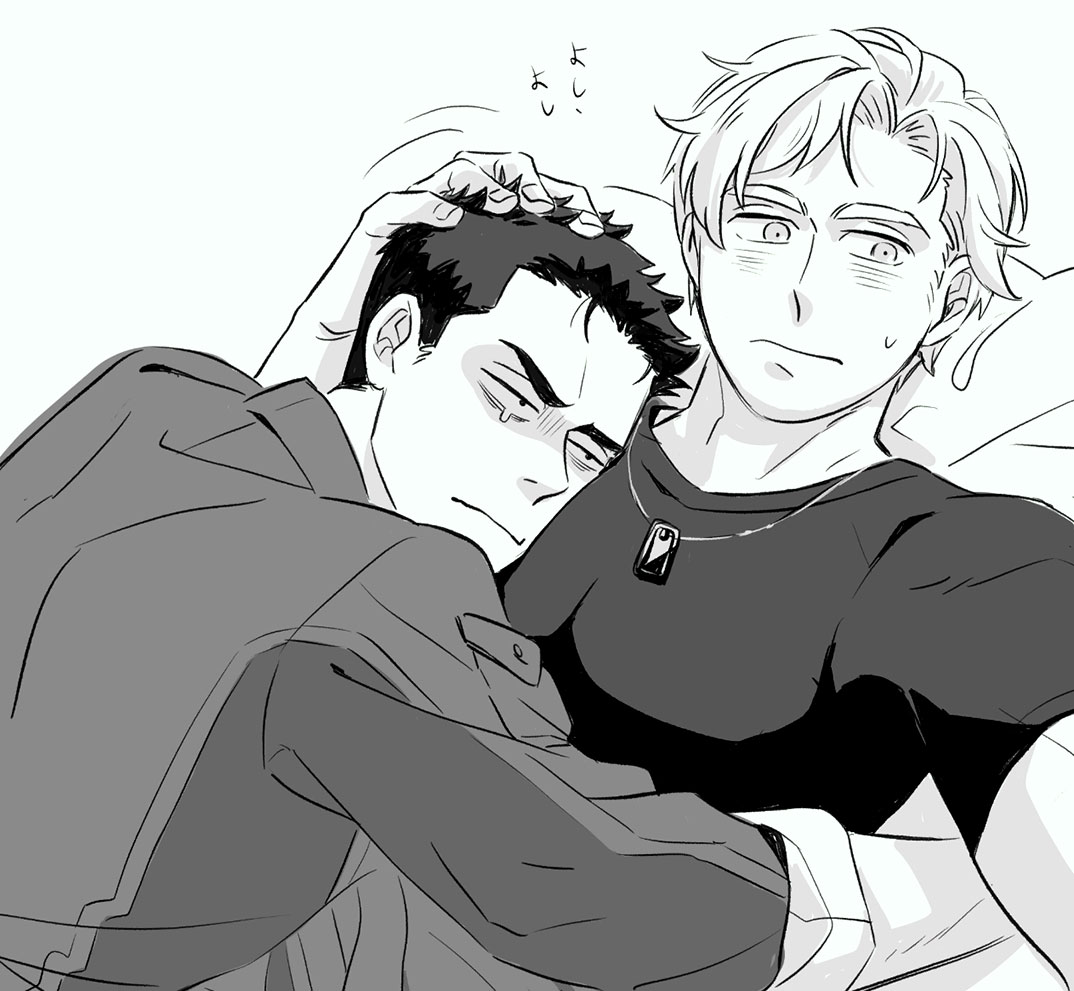 2boys ao_isami blush carnon12 comforting couple facial_hair greyscale half-closed_eyes happy headpat lewis_smith lying_on_person male_focus monochrome motion_lines multiple_boys pectoral_pillow pectorals selfie sideburns_stubble stubble tearing_up thick_eyebrows toned toned_male upper_body yaoi yuuki_bakuhatsu_bang_bravern