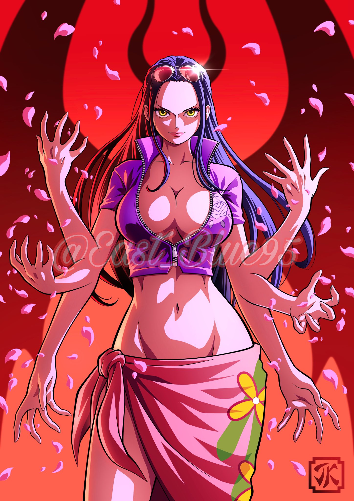 1girl blue_jacket breasts collared_jacket cowboy_shot cropped_jacket eastblue_95 english_commentary extra_arms eyelashes eyewear_on_head facing_viewer falling_petals forehead glint gradient_background grin highres horns jacket long_hair looking_at_viewer navel nico_robin one_piece orange_background petals pink_lips pink_petals pink_sarong red_background sidelocks smile watermark wings yellow_eyes