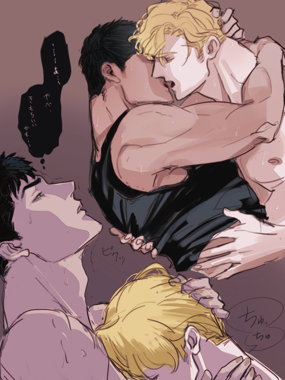 2boys adam's_apple ao_isami bara black_hair black_tank_top blonde_hair collage couple cropped_torso dark-skinned_male dark_skin facial_hair french_kiss from_side hand_on_another's_head highres interracial kiss lewis_smith male_focus multiple_boys muscular muscular_male pivoine0905 profile sideburns_stubble stubble sweat tank_top thick_eyebrows translation_request yaoi yuuki_bakuhatsu_bang_bravern