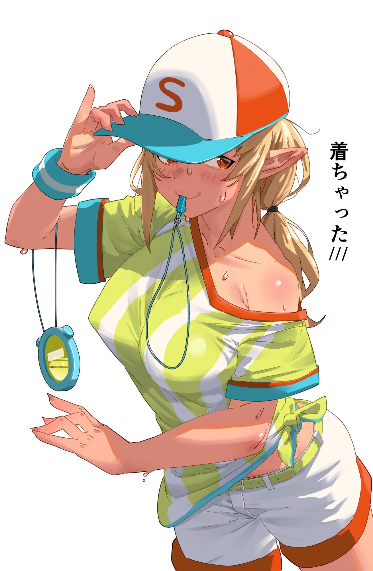 1girl blonde_hair blush breasts cosplay costume_switch dark-skinned_female dark_elf dark_skin elf hat highres hololive large_breasts long_hair multicolored_hair off_shoulder oozora_subaru oozora_subaru_(1st_costume) oozora_subaru_(cosplay) pinstripe_pattern pinstripe_shirt pointy_ears ponytail red_eyes shiranui_flare shirt shorts smile solo stopwatch streaked_hair striped_clothes striped_shirt suspender_shorts suspenders sweatband uzuradobin vertical-striped_clothes vertical-striped_shirt virtual_youtuber whistle