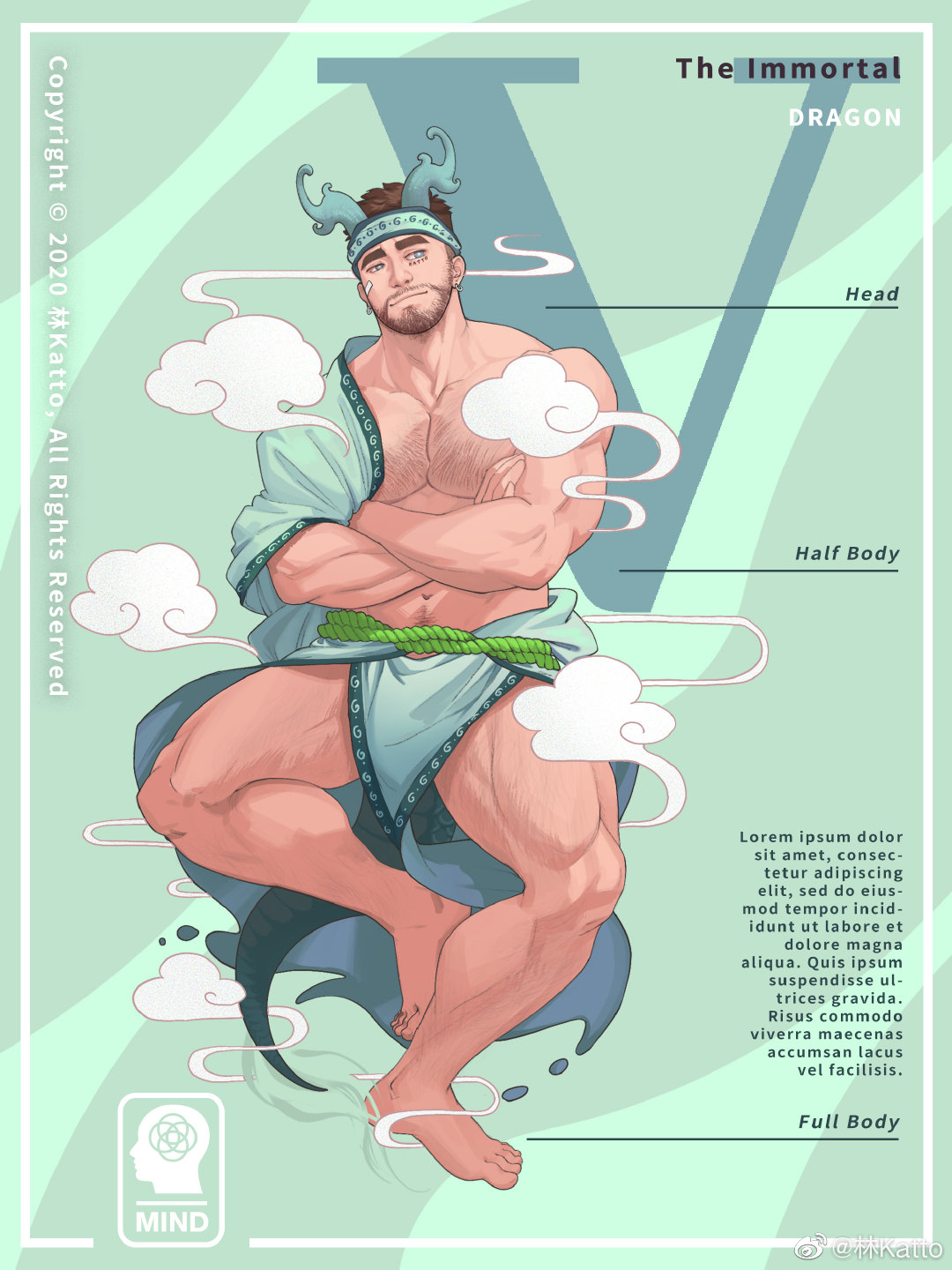 1boy bara bare_pectorals beard_stubble brown_hair chinese_zodiac crossed_arms dragon_boy dragon_horns dragon_tail facial_hair full_body green_theme headband highres horns katto8452 large_pectorals male_focus mature_male monster_boy muscular muscular_male navel navel_hair original pectorals pelvic_curtain personification short_hair sideways_glance smoke solo sparse_leg_hair stomach stubble tail thick_chest_hair thick_eyebrows thick_thighs thighs