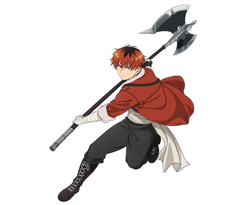 1boy axe bandaged_arm bandages battle_axe black_footwear black_gloves black_pants boots fingerless_gloves full_body gloves holding holding_axe holding_weapon jacket looking_at_viewer male_focus official_art pants red_hair red_jacket short_hair single_glove solo sousou_no_frieren stark_(sousou_no_frieren) transparent_background v-shaped_eyebrows weapon