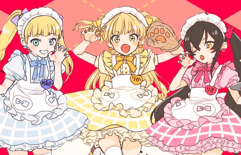 3girls apron black_hair blonde_hair blue_dress blue_eyes blush claw_pose dress fangs frilled_apron frills gacho_p idolmaster idolmaster_cinderella_girls jougasaki_rika long_hair looking_at_viewer maid_apron maid_headdress mary_cochran matoba_risa multiple_girls open_mouth pink_dress smile thighhighs twintails white_thighhighs yellow_dress yellow_eyes