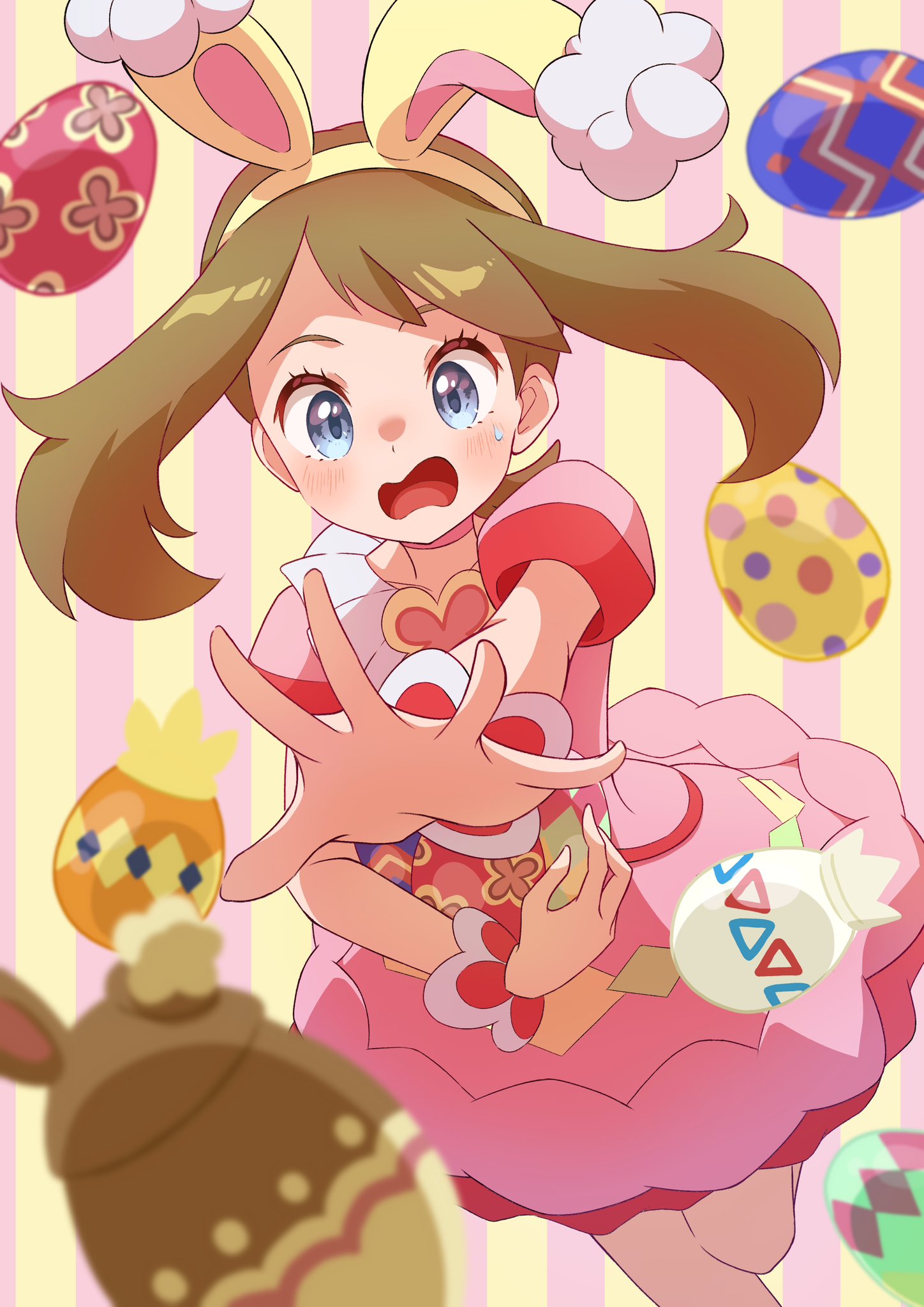 1girl animal_ears blush brown_hair choker dress egg fake_animal_ears highres holding holding_egg may_(pokemon) may_(spring_2021)_(pokemon) official_alternate_costume open_mouth outstretched_hand pink_background pink_choker pink_dress pokemon pokemon_egg pokemon_masters_ex puffy_short_sleeves puffy_sleeves rabbit_ears refisa short_sleeves solo striped_background sweatdrop two-tone_background yellow_background