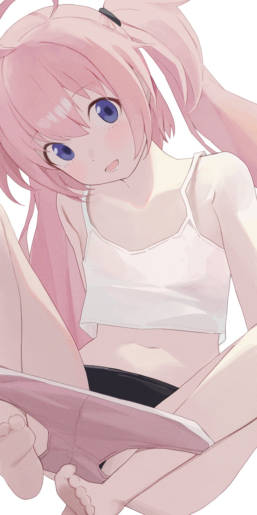 1girl ahoge barefoot black_panties blue_eyes camisole collarbone highres hiroki_(yyqw7151) long_hair looking_at_viewer milim_nava navel panties pink_hair pink_shorts shorts simple_background solo tensei_shitara_slime_datta_ken toes twintails underwear white_background white_camisole