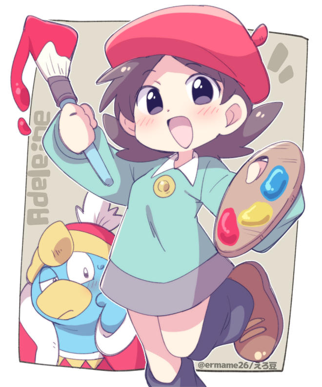 1girl adeleine beret black_hair brown_footwear english_text eromame hat holding holding_paintbrush king_dedede kirby_(series) looking_at_viewer paint paintbrush palette_(object) short_hair skirt socks