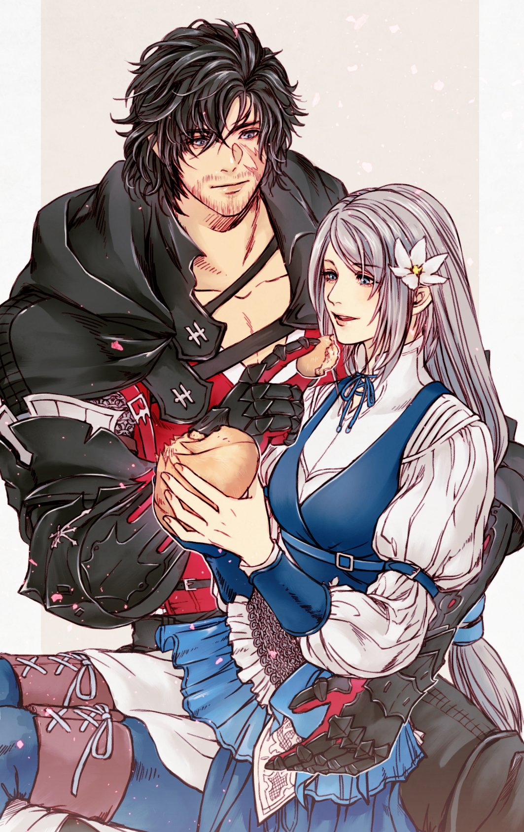 1boy 1girl armor armored_gloves azuiyo7210 black_hair blue_eyes bread chainmail clive_rosfield couple facial_hair final_fantasy final_fantasy_xvi flower food frills gauntlets hair_flower hair_ornament highres holding holding_food jill_warrick long_hair looking_at_another on_lap puffy_sleeves scar scar_on_face short_hair simple_background smile