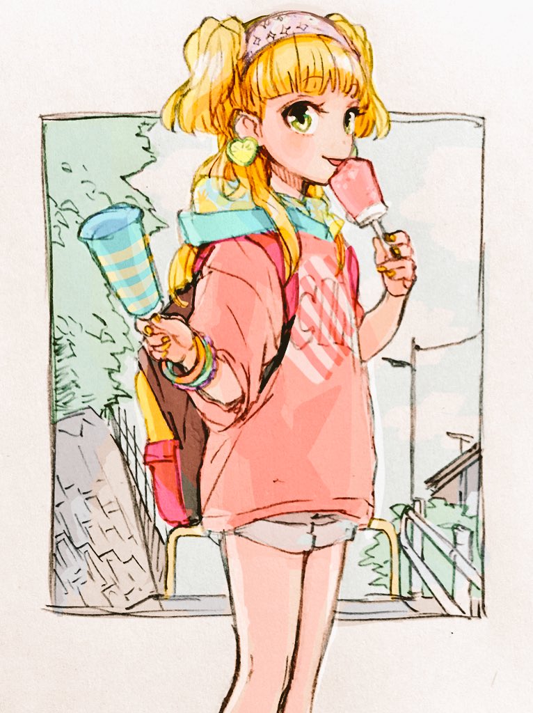 1girl backpack bag blonde_hair blush earrings eating food gacho_p green_eyes hairband heart heart_earrings hood hoodie ice_cream idolmaster idolmaster_cinderella_girls jewelry jougasaki_rika long_hair looking_at_viewer short_shorts shorts smile solo tongue tongue_out two_side_up