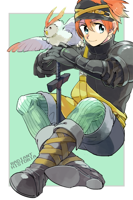 1boy animal_on_shoulder armor bird bird_on_shoulder black_pants blue_eyes border brown_hair closed_mouth english_text fon-due_(fonfon) gauntlets green_pants grey_footwear hair_between_eyes kiel male_focus pants radiant_historia short_hair solo sword weapon white_border