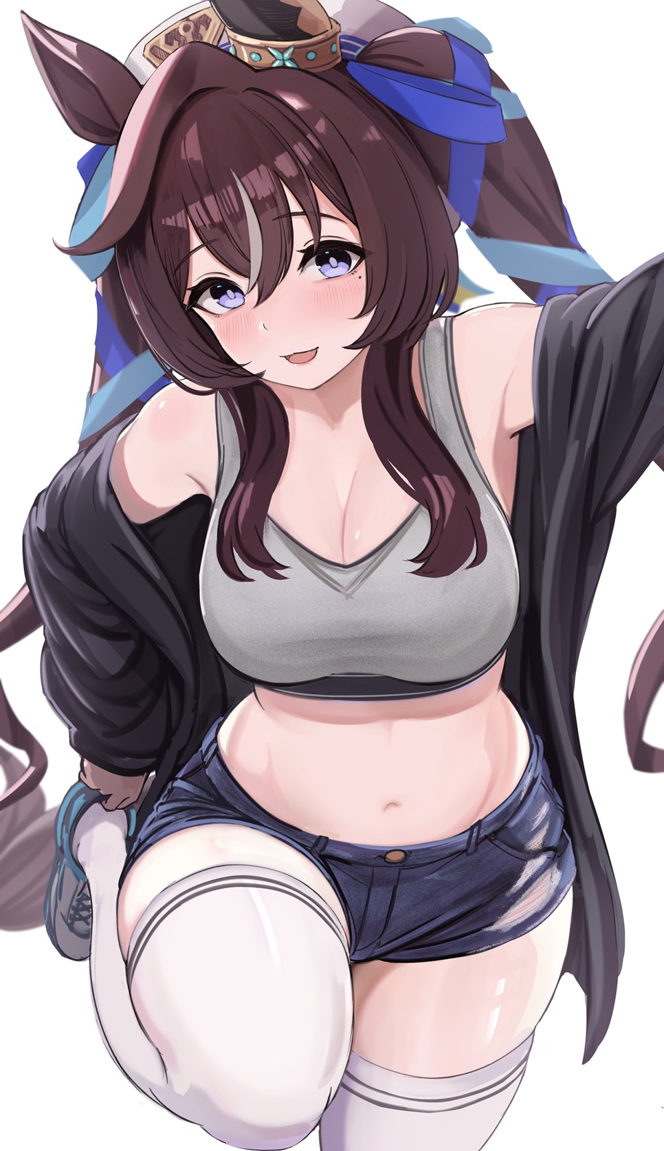 1girl animal_ears arm_up armpits bare_shoulders black_jacket blue_eyes blue_shorts breasts bright_pupils brown_hair cleavage cowboy_shot crop_top earrings enumiyaa grey_shirt grey_shorts hair_ribbon hat highres horse_ears horse_girl horse_tail jacket jewelry large_breasts leg_up long_hair looking_at_viewer midriff mole mole_under_eye multicolored_hair navel off_shoulder open_clothes open_jacket open_mouth outstretched_arm ribbon shirt shoes short_shorts shorts skindentation sleeveless sleeveless_shirt smile sneakers solo sports_bra standing standing_on_one_leg stomach streaked_hair tail thighhighs thighs torn_clothes torn_shorts twintails umamusume very_long_hair vivlos_(umamusume) white_hat white_thighhighs