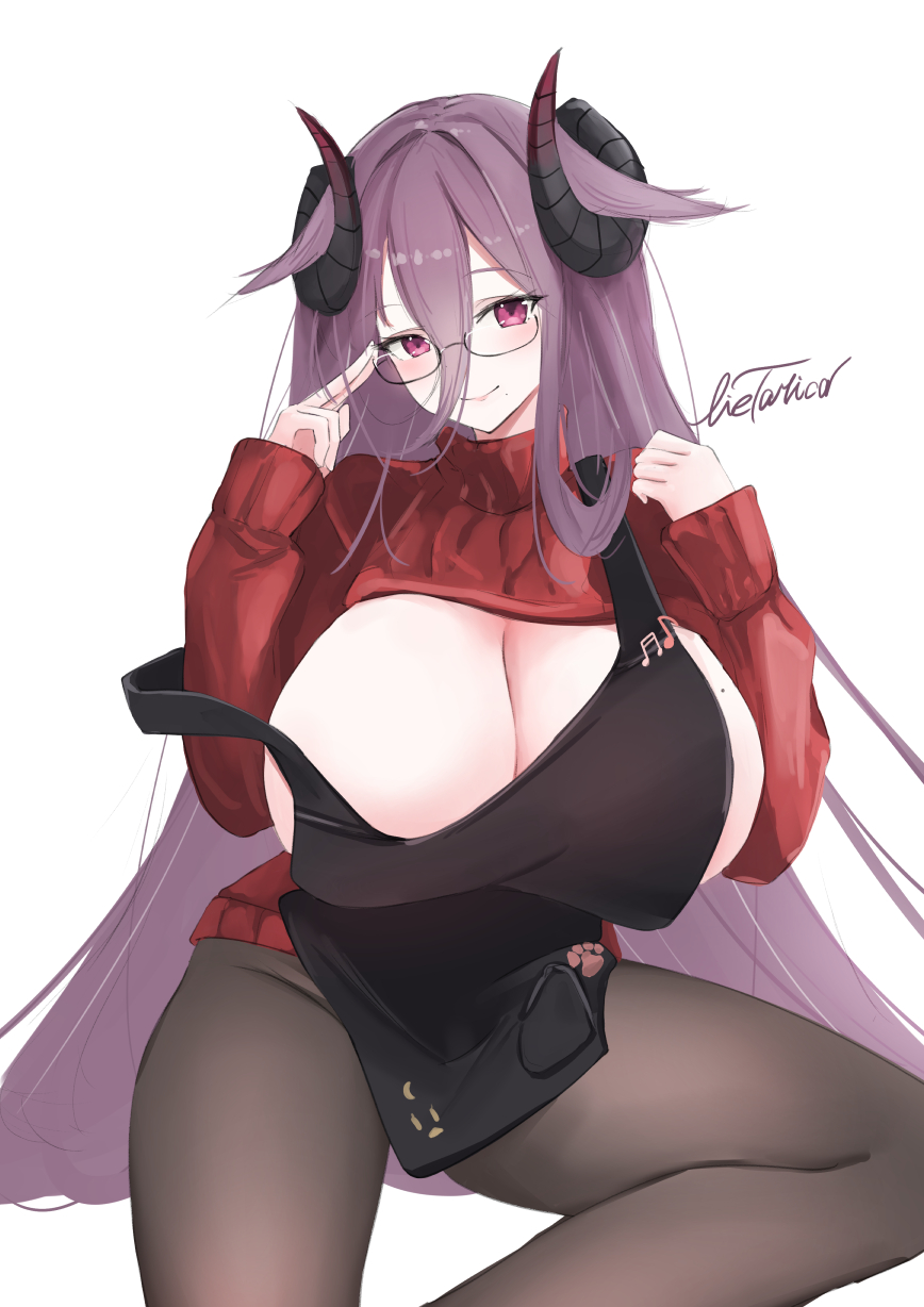 1girl apron artist_name azur_lane black-framed_eyewear black_apron black_horns black_pantyhose breast_cutout breasts cleavage collared_sweater curled_horns friedrich_carl_(a_game_of_love)_(azur_lane) friedrich_carl_(azur_lane) highres horns huge_breasts livetarica long_hair long_sleeves looking_at_viewer mole mole_on_breast official_alternate_costume pantyhose purple_eyes purple_hair rectangular_eyewear red_sweater semi-rimless_eyewear simple_background solo sweater very_long_hair white_background