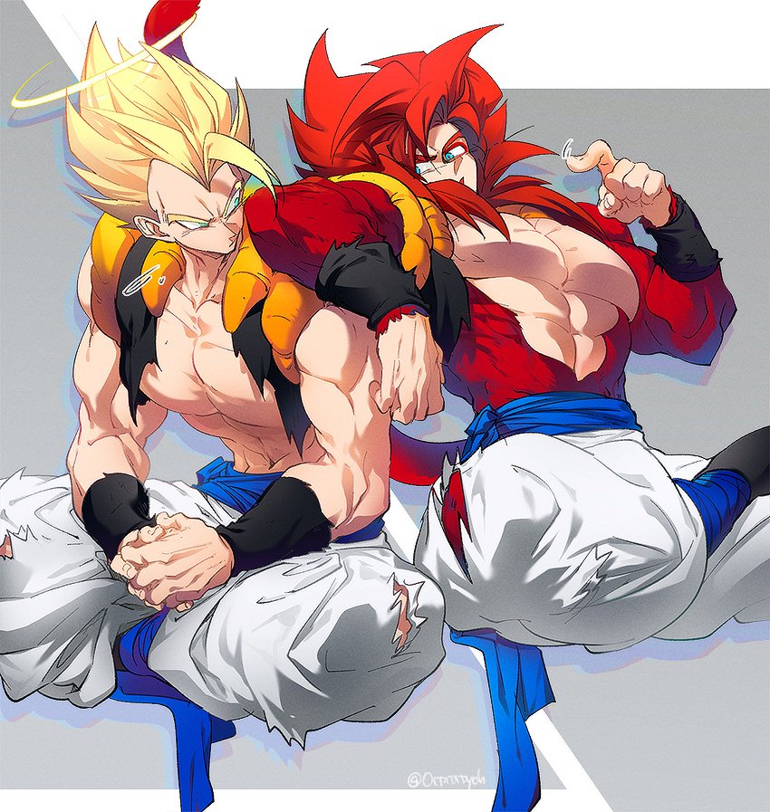 blue_eyes blue_sash closed_mouth dougi dragon_ball dragon_ball_gt dragon_ball_z gogeta male_focus metamoran_vest monkey_boy monkey_tail multiple_boys muscular muscular_male ommmyoh open_mouth pants red_fur saiyan sash spiked_hair super_saiyan super_saiyan_1 super_saiyan_4 tail twitter_username