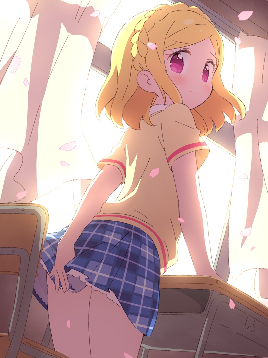 1girl arm_behind_back backlighting bad_id bad_pixiv_id blonde_hair blue_skirt blush braid chair classroom closed_mouth commentary_request covering_privates crown_braid curtains desk embarrassed falling_petals from_behind hand_on_own_ass highres ikzw indoors looking_at_viewer looking_back midorikaze_fuwari miniskirt paprika_private_academy_school_uniform petals plaid plaid_skirt pleated_skirt pretty_series pripara purple_eyes school_chair school_desk school_uniform short_hair short_sleeves skirt solo standing swept_bangs vest window yellow_vest