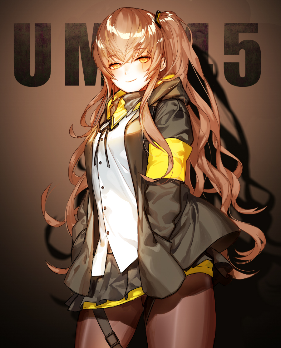 black_jacket black_legwear black_skirt blush brown_background brown_eyes brown_hair character_name closed_mouth commentary eyebrows_visible_through_hair girls_frontline hair_between_eyes hands_in_pockets head_tilt jacket kei_(seona2020) long_hair looking_at_viewer one_side_up open_clothes open_jacket pantyhose pleated_skirt scar scar_across_eye shirt silhouette skirt smile solo ump45_(girls_frontline) very_long_hair white_shirt