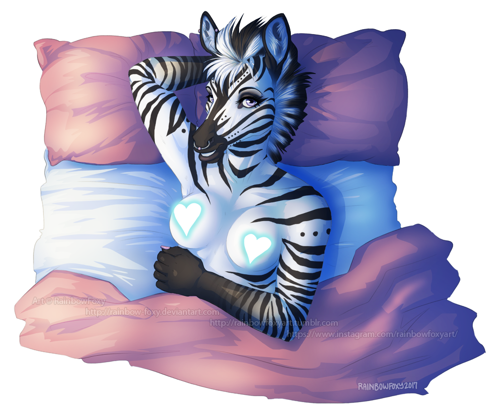 2017 anthro bed breasts equine facial_piercing female fur hair hi_res horse looking_at_viewer mammal mane messy messy_hair morning multicolored_fur nose_piercing nose_ring nude on_bed piercing pillow purple_eyes rainbowfoxy rainbowfoxy_art simple_background smile solo striped_fur stripes zebra