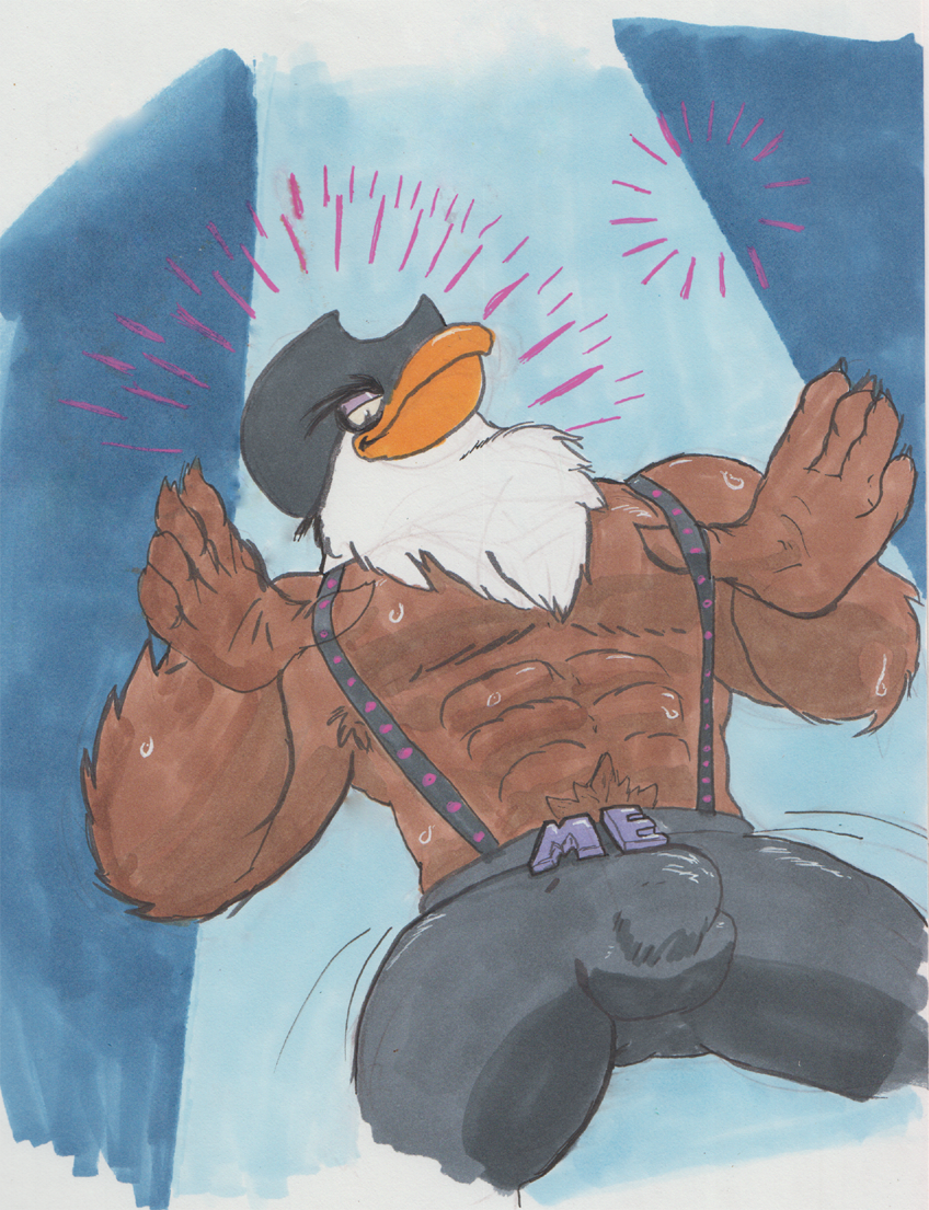 angry_birds avian azul_(artist) bald_eagle beak bird bulge clothed clothing eagle looking_at_viewer male mighty_eagle muscular muscular_male pecs simple_background smile solo stripper topless video_games