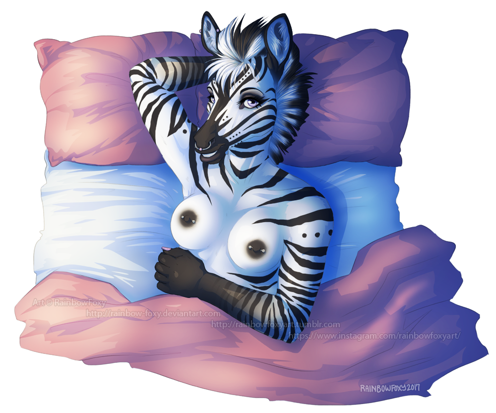 2017 anthro bed breasts equine facial_piercing female fur hair hi_res horse looking_at_viewer mammal mane messy messy_hair morning multicolored_fur nipple_piercing nipples nose_piercing nose_ring nude on_bed piercing pillow purple_eyes rainbowfoxy rainbowfoxy_art simple_background smile solo striped_fur stripes zebra