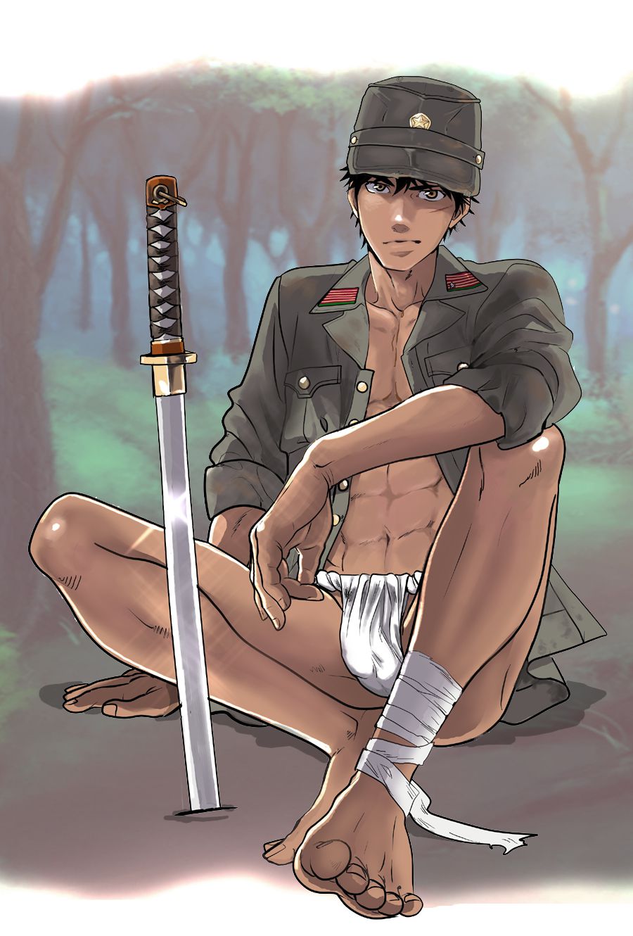 1boy abs barefoot feet goma_saba hat male_focus scar sitting solo toes weapons word