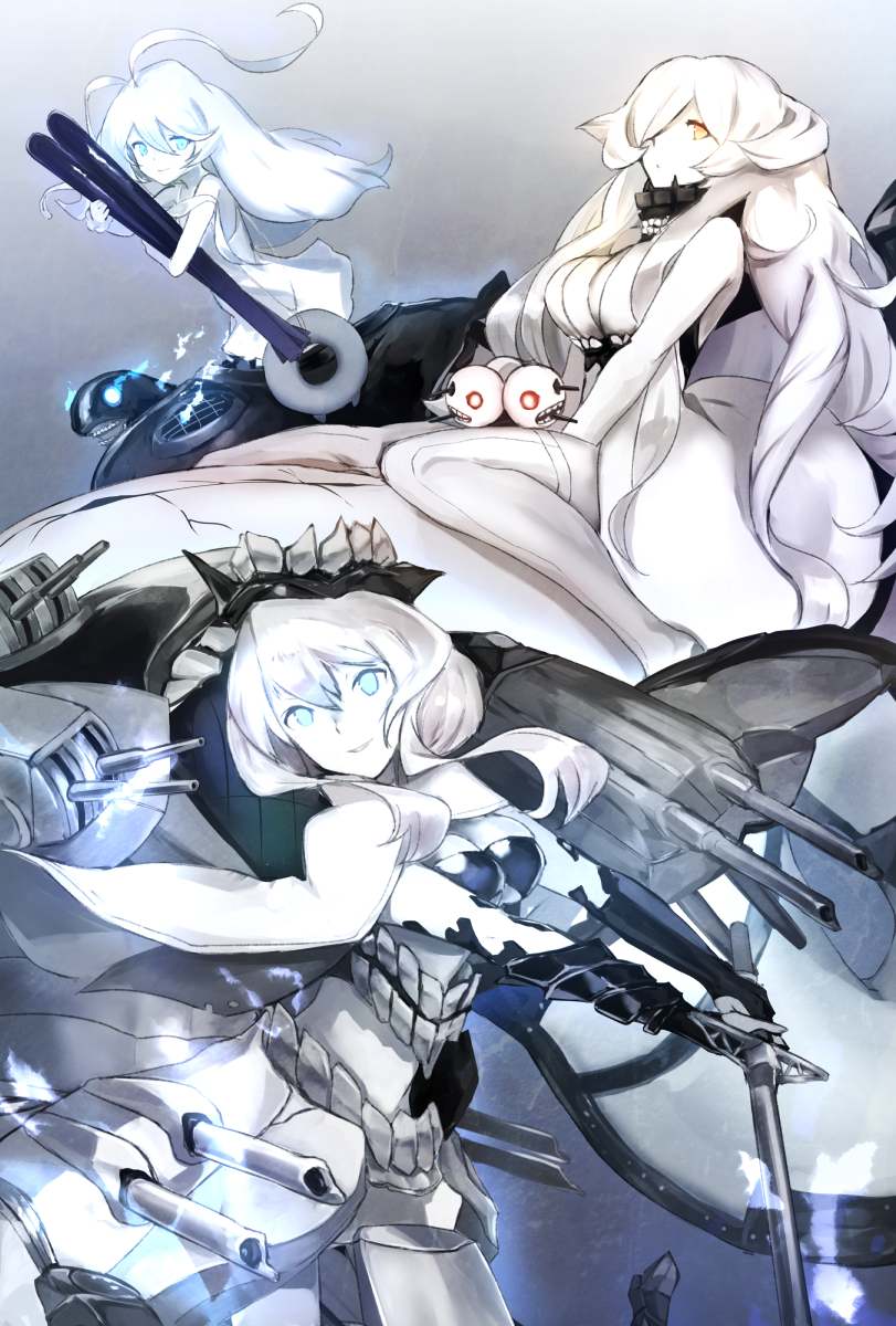 ahoge blue_eyes breasts european_hime french_battleship_hime hair_between_eyes hair_over_one_eye highres holding holding_sword holding_weapon huge_ahoge kantai_collection large_breasts long_hair machinery multiple_girls orange_eyes shinkaisei-kan short_hair smile submarine_new_hime sword torpedo turret weapon weasel_(close-to-the-edge) white_hair
