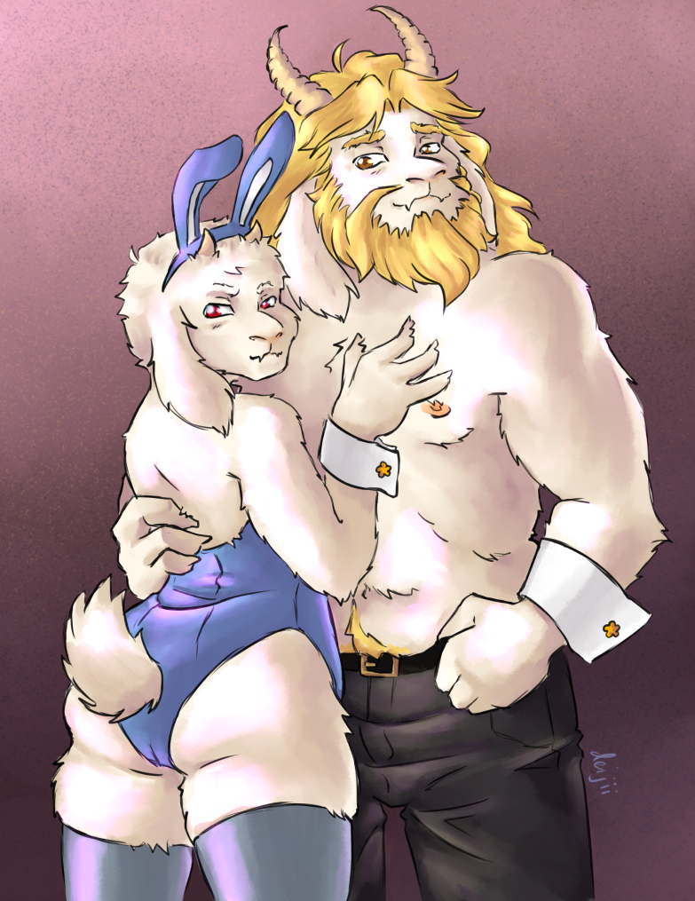 asgore_dreemurr bunny_costume clothed clothing costume deijii slightly_chubby topless toriel undertale video_games