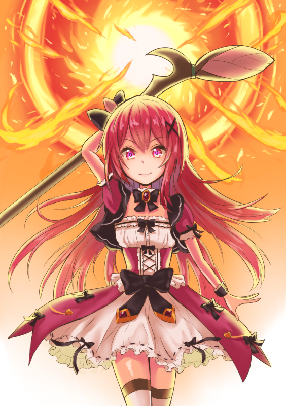 black_bow black_neckwear bow bowtie cattleya_(flower_knight_girl) closed_mouth cowboy_shot fire flower_knight_girl holding holding_staff kusumoto_miya long_hair looking_at_viewer orange_background red_eyes red_hair skirt smile solo staff white_skirt wrist_cuffs