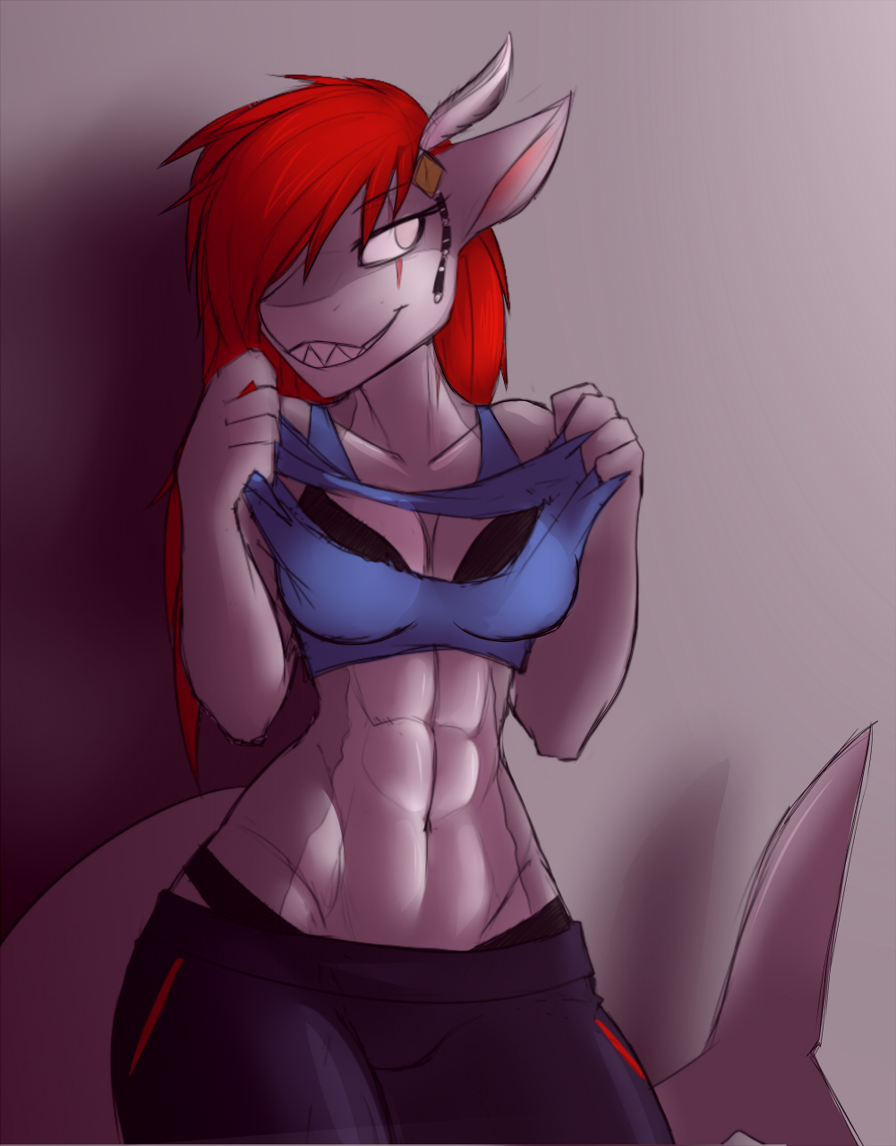abs anthro breasts clothed clothing female fish hair marine shark shirt smile solo torn_clothing wide_hips xaenyth