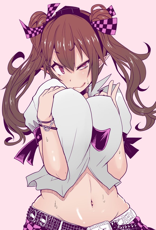 belt between_breasts bracelet breast_squeeze breasts brown_hair checkered checkered_ribbon checkered_skirt commentary_request hair_between_eyes hair_ribbon hat himekaidou_hatate jewelry large_breasts long_hair midriff navel necktie necktie_between_breasts pointy_ears purple_eyes ribbon short_sleeves skirt solo sweat tokin_hat touhou twintails yukinojou_yakan