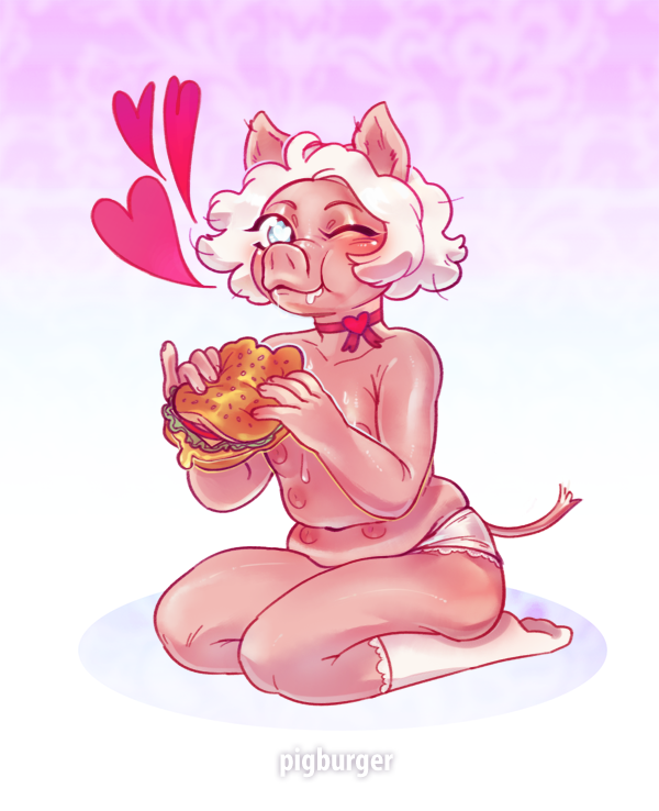 &lt;3 &lt;3_eyes 2017 4_fingers 6_nipples anthro belly biped blue_eyes breasts burger choker clothed clothing digital_drawing_(artwork) digital_media_(artwork) drooling eating female food frilly front_view full-length_portrait gradient_background hair holding_food holding_object humanoid_hands kneeling legwear looking_at_viewer mammal messy missy_(pigburger) multi_nipple nipples one_eye_closed panties pattern_background pig pig_nose pigburger pink_background pink_nipples pink_skin pinky_out plantigrade porcine portrait puffy_nipples ribbons saliva shadow short_hair simple_background slightly_chubby small_breasts smile socks solo sweat sweatdrop tail_tuft topless tuft underwear watermark white_background white_hair white_socks wink