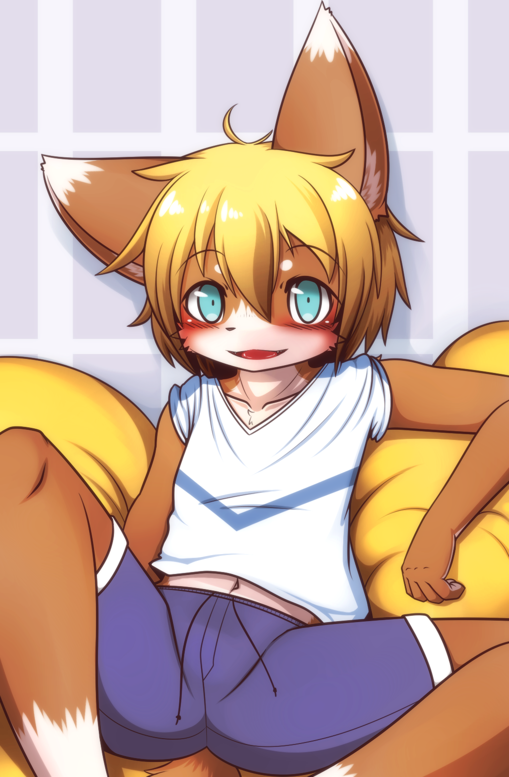 5_fingers anthro blonde_hair blue_eyes blush brown_fur canine clothed clothing fox fur hair hane looking_at_viewer male mammal open_mouth shirt shorts simple_background sitting solo t-shirt teenager white_fur young