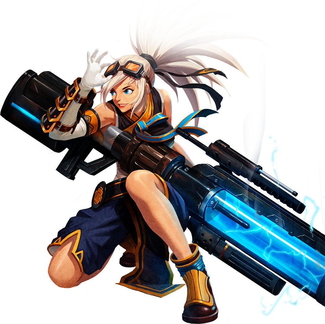 1girl ankle_boots arm_guards belt blonde_hair blue_eyes dungeon_and_fighter elbow_gloves electricity eyebrows female_gunner_(dungeon_and_fighter) goggles gun gunner_(dungeon_and_fighter) kneeling large_gun large_weapon laser_rifle launcher_(dungeon_and_fighter) lipstick loincloth makeup ponytail ribbon shorts sleeveless smile smoke solo tied_hair weapon white_hair