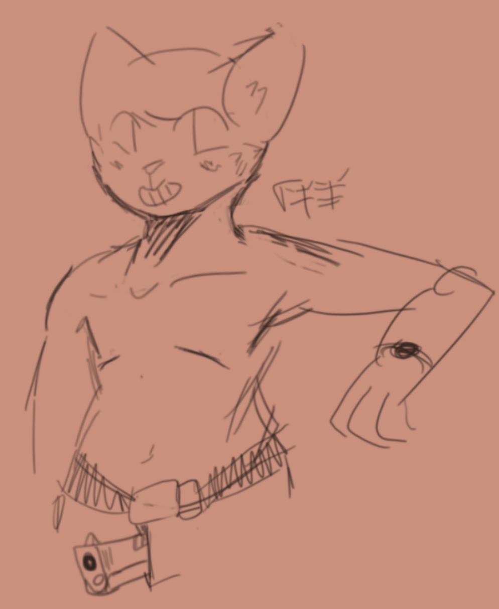 2017 anthro belt buckle casey_(nitw) cat clothed clothing colorless feline gun handgun humor male mammal night_in_the_woods parody partially_clothed pistol ranged_weapon sketch smile smug topless watch weapon zipper 半羊