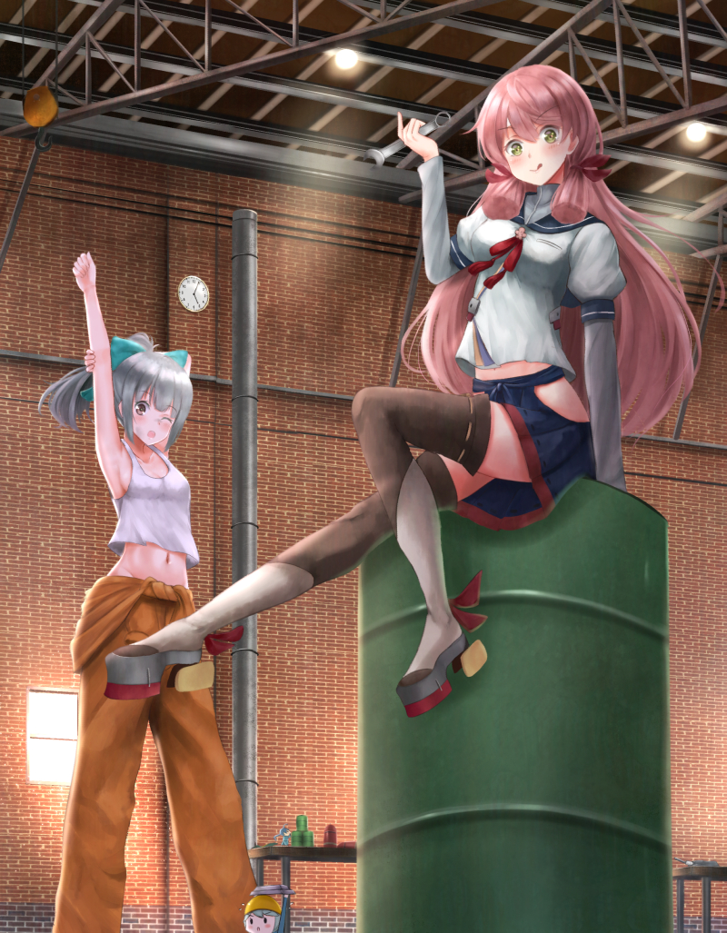 :q akashi_(kantai_collection) arm_up bad_proportions bangs bow brick_wall brown_eyes cargo_hook ceiling_light clock clothes_down commentary_request drum_(container) ductwork fairy_(kantai_collection) green_bow green_eyes hair_bow hair_ribbon high_heels hip_vent irohakaede jumpsuit kantai_collection long_hair looking_at_viewer midriff multiple_girls navel outstretched_leg pink_hair ponytail rafters red_ribbon ribbon rudder_shoes silver_hair sitting sitting_on_object smudge stretch table tank_top thighhighs tied_hair tongue tongue_out tress_ribbon v-shaped_eyebrows very_long_hair warehouse wrench yuubari_(kantai_collection) zettai_ryouiki