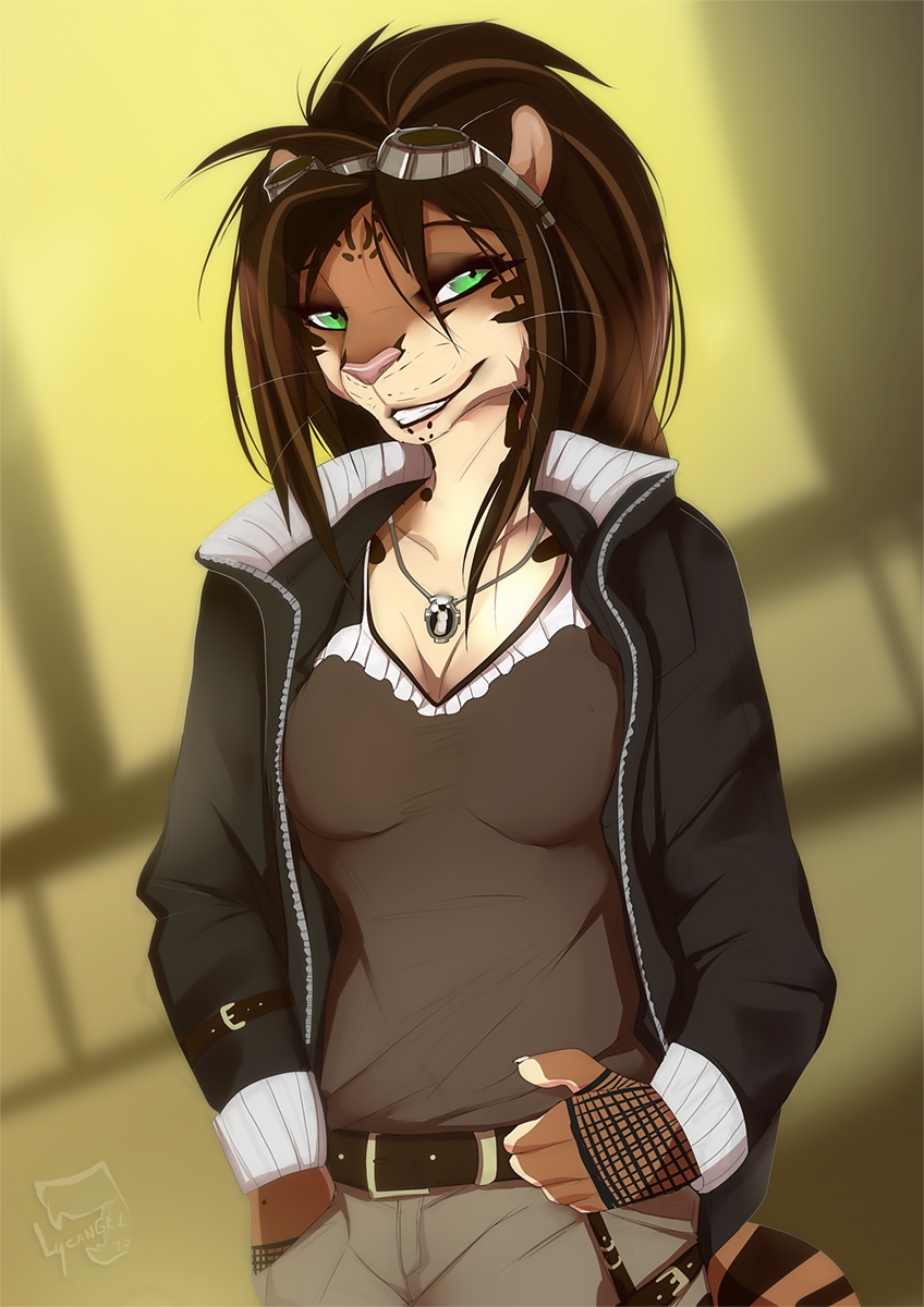 2017 5_fingers anthro breasts brown_hair clothed clothing eyewear feline female goggles green_eyes hair jacket jewelry leopard lycangel mammal necklace pink_nose smile solo whiskers