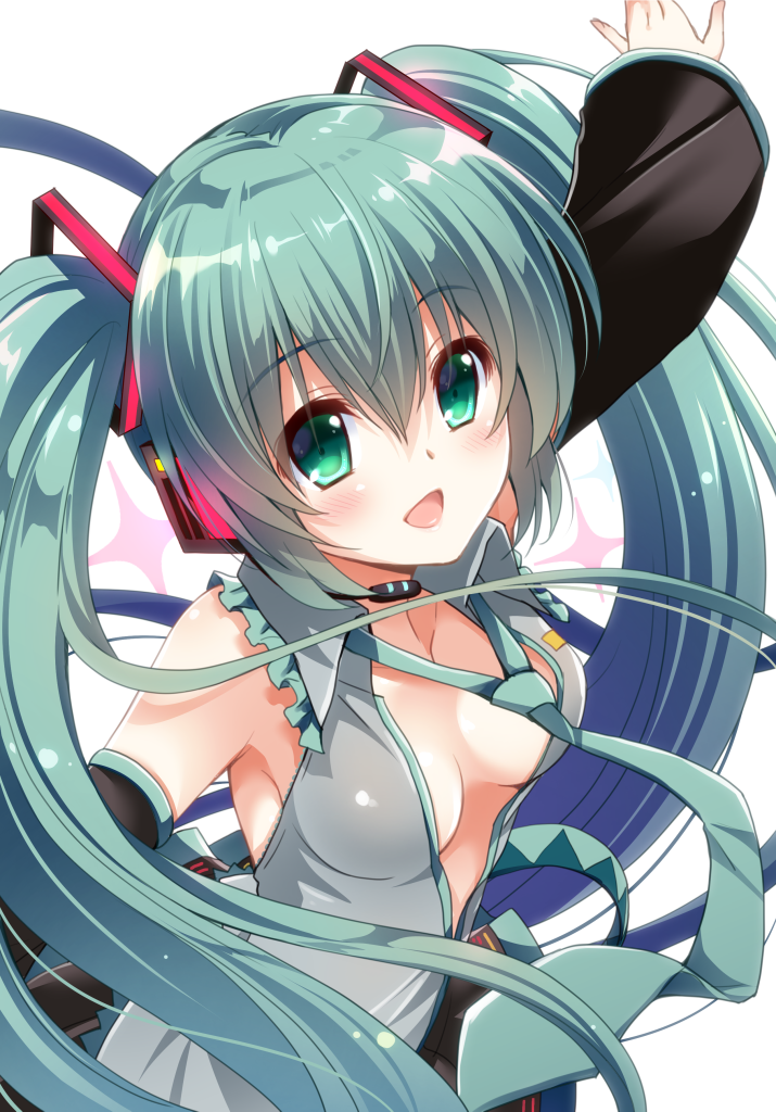 aqua_hair commentary_request detached_sleeves green_eyes green_hair hatsune_miku headset long_hair necktie no_bra open_mouth outstretched_arms solo spread_arms suzui_narumi twintails vocaloid