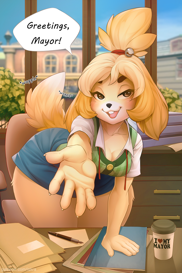 2017 animal_crossing anthro black_nose canine clothed clothing dialogue dog english_text female hair inside isabelle_(animal_crossing) iskra looking_at_viewer mammal nintendo open_mouth shih_tzu solo text video_games