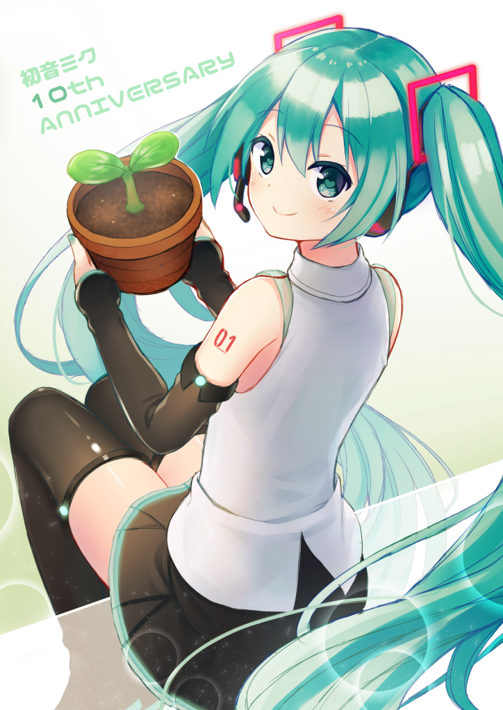 anniversary character_name commentary_request detached_sleeves from_above from_behind green_eyes green_hair hatsune_miku headset long_hair looking_at_viewer looking_back plant potted_plant sitting skirt smile solo thighhighs twintails very_long_hair vocaloid yatsuki_yura