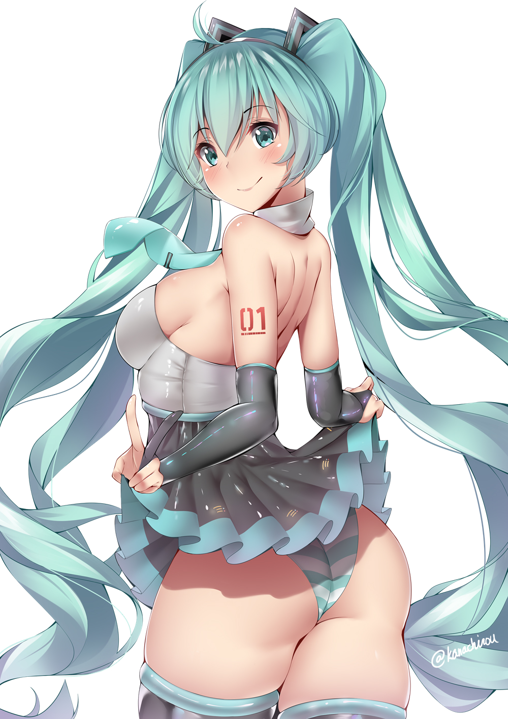 ahoge aqua_eyes aqua_hair aqua_panties ass backless_outfit bangs bare_shoulders black_gloves black_legwear black_skirt blush breasts closed_mouth commentary_request cowboy_shot elbow_gloves eyebrows_visible_through_hair from_side gloves hair_between_eyes hairband hands_up hatsune_miku high-waist_skirt highres kanachirou long_hair looking_at_viewer medium_breasts panties partly_fingerless_gloves pleated_skirt shoulder_tattoo sideboob sidelocks simple_background skirt smile solo striped striped_panties tattoo thighhighs thighs twintails twisted_torso twitter_username underwear v very_long_hair vocaloid white_background