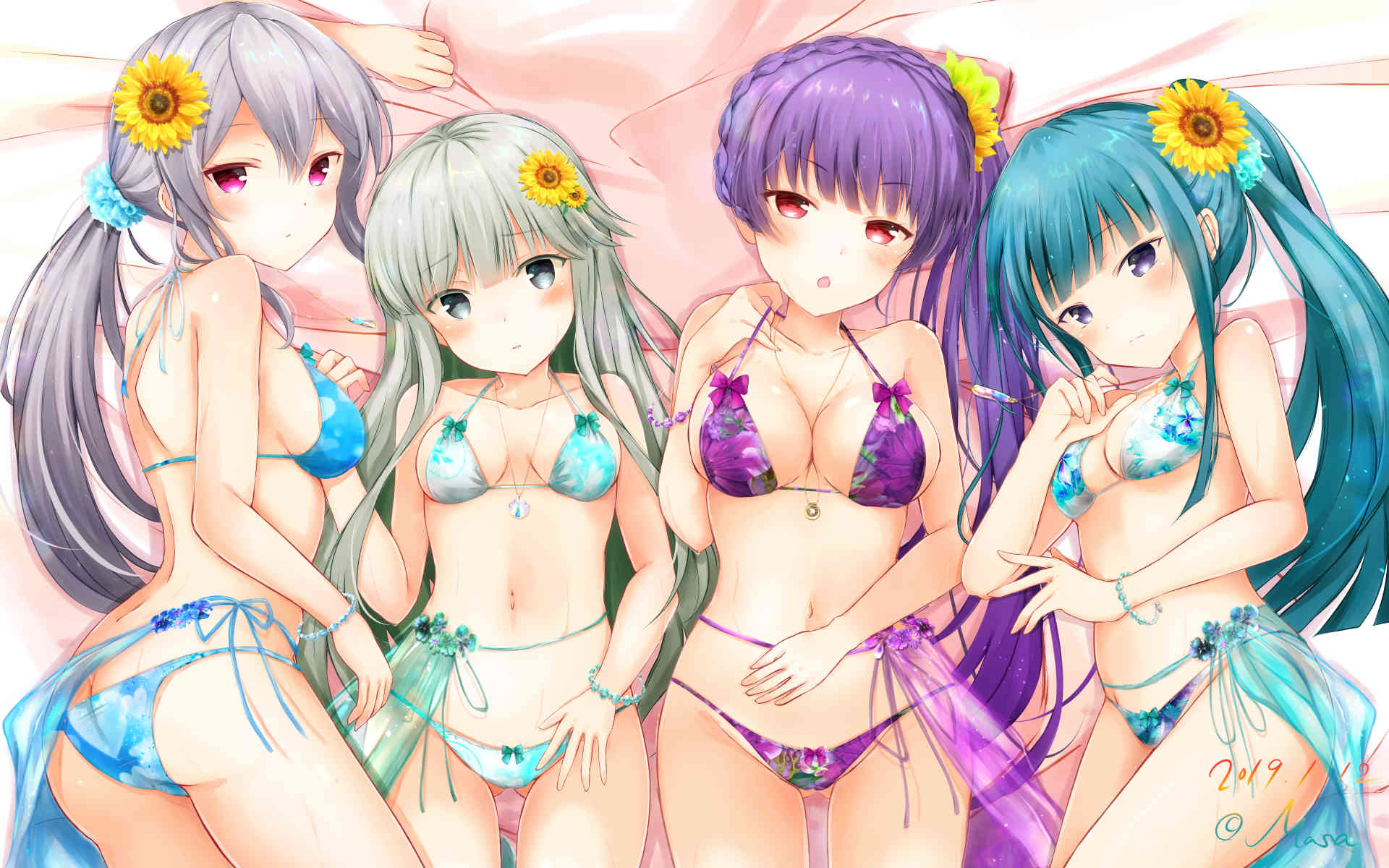 4girls aqua_hair artist_name ass back bangs bare_shoulders bed_sheet bikini blue_bikini blush bow bracelet breasts chestnut_mouth chiyoura_ayame cleavage closed_mouth collarbone commentary_request crotch dated eyebrows_visible_through_hair flower frown girlfriend_(kari) gluteal_fold grey_eyes grey_hair groin hair_flower hair_ornament high_ponytail highres jewelry kagurazaka_saya large_breasts lineup long_hair looking_at_viewer lying masa_(mirage77) masaoka_mai medium_breasts multiple_girls navel necklace on_back on_bed on_side open_mouth ponytail print_bikini purple_bikini purple_eyes purple_hair red_eyes scrunchie shigeto_akiho shiny shiny_skin shoulder_blades side_ponytail silver_hair skindentation small_breasts sunflower sunflower_hair_ornament swimsuit thighs very_long_hair white_bikini yellow_flower