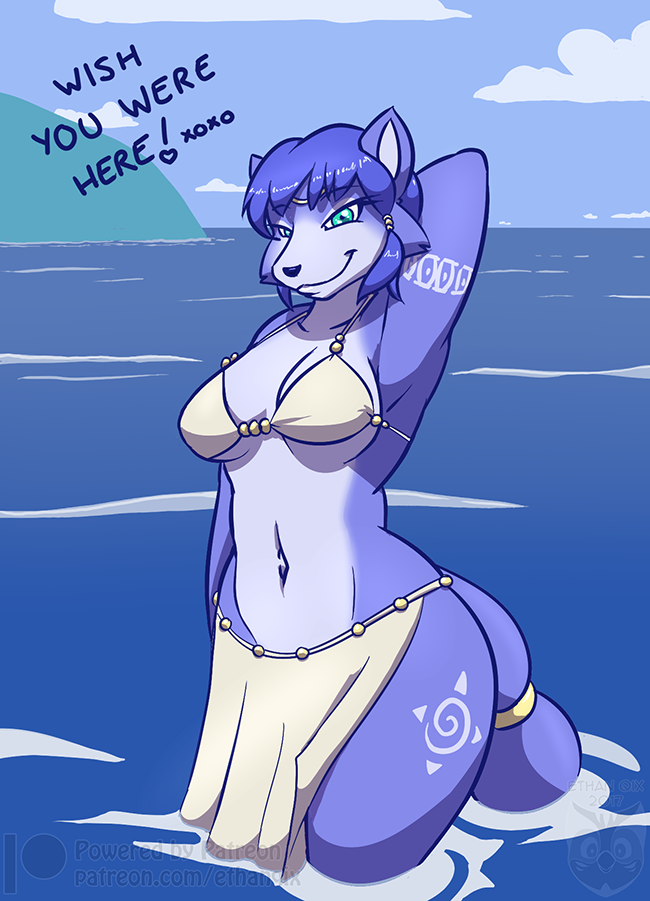 blue_hair canine clothed clothing ethanqix female fox hair krystal mammal nintendo partially_clothed pose sea solo star_fox video_games water xoxo