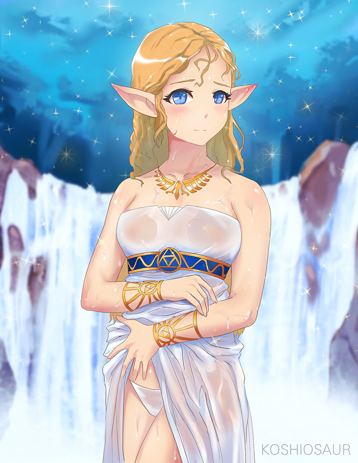 1girl artist_name bare_shoulders blonde_hair blue_eyes blurry blush breasts depth_of_field dress dress_lift jewelry koshio long_hair looking_at_viewer medium_breasts necklace nintendo panties pointy_ears princess_zelda solo sparkle standing the_legend_of_zelda the_legend_of_zelda:_breath_of_the_wild underwear water waterfall wet wet_clothes wet_dress wet_hair white_panties