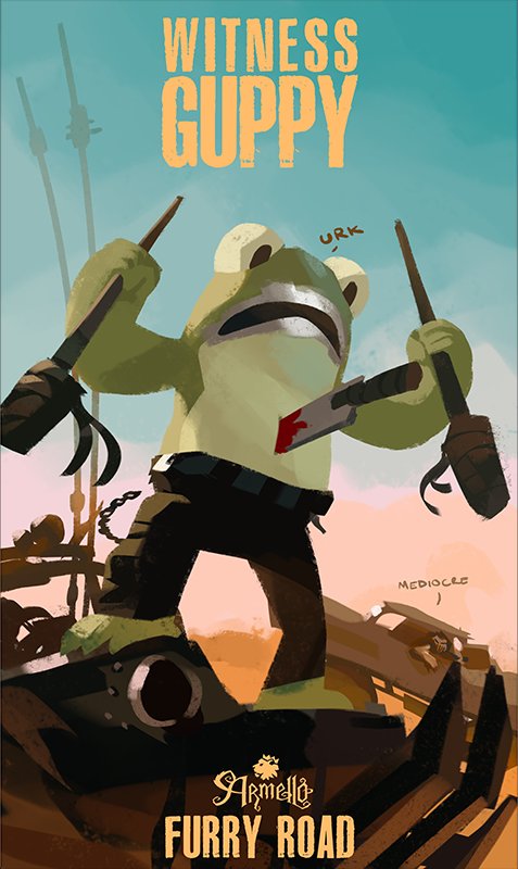 amphibian anthro april_fools armello blood car dialogue english_text frog guppy_(armello) humor knife mad_max male solo_focus text vehicle