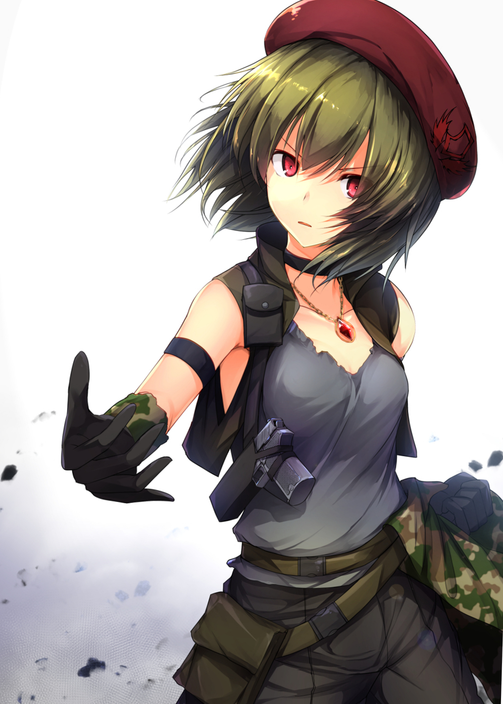 1girl arm_strap black_gloves black_pants breasts choker cleavage clenched_hand collarbone floating_hair gloves gradient gradient_background green_hair grey_background grey_shirt hat highres idol_heroes_(idolmaster) idolmaster idolmaster_million_live! jewelry looking_at_viewer nagayoshi_subaru necklace pants parted_lips red_eyes red_hat ro_risu shiny shiny_hair shirt short_hair sleeveless sleeveless_shirt small_breasts solo standing v-shaped_eyebrows