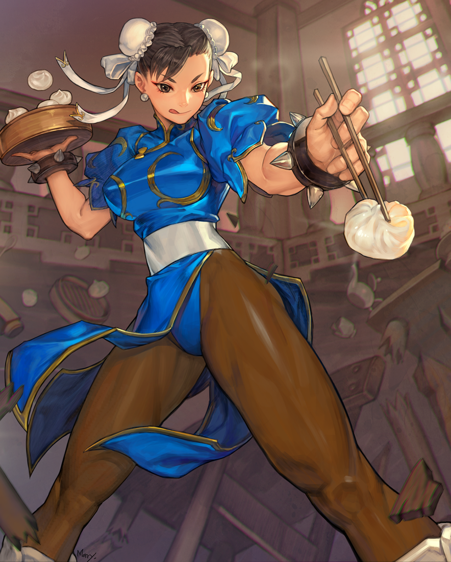 baozi bracelet breasts bun_cover chair chopsticks chun-li commentary_request double_bun earrings eyeshadow food holding holding_chopsticks jewelry large_breasts makeup na_in-sung pantyhose pelvic_curtain plate short_eyebrows short_hair smile solo spiked_bracelet spikes street_fighter table teapot toned tongue tongue_out