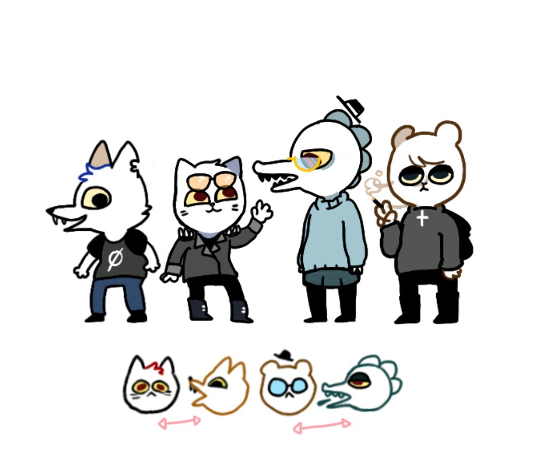 0 alligator angus_(nitw) bea_(nitw) bear boots canine cat chibi cigarette clothes_swap clothing crocodile crocodilian cross cute eyewear fangs fedora feline footwear fox fur glasses gregg_(nitw) grin hair hat hooded_jacket hoodie jacket leather leather_jacket mae_(nitw) mammal night_in_the_woods notched_ear pants reptile scalie shirt sir-fluffbutts_(artist) skirt smile smoke smoking spikes sunglasses sweater tuft