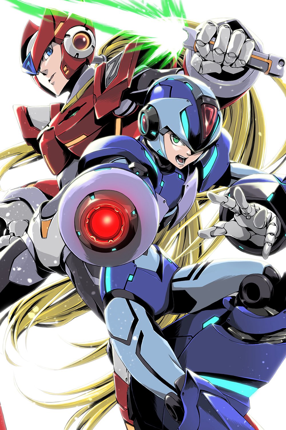 2boys alternate_design android arm_cannon beam_saber blonde_hair blue_eyes brown_hair capcom commentary_request energy_blade energy_sword green_eyes highres holding holding_weapon long_hair male_focus multiple_boys open_mouth ponytail robot_joints rockman rockman_x serious simple_background sword teeth very_long_hair weapon white_background x_(rockman) yukinbo78 zero_(rockman)