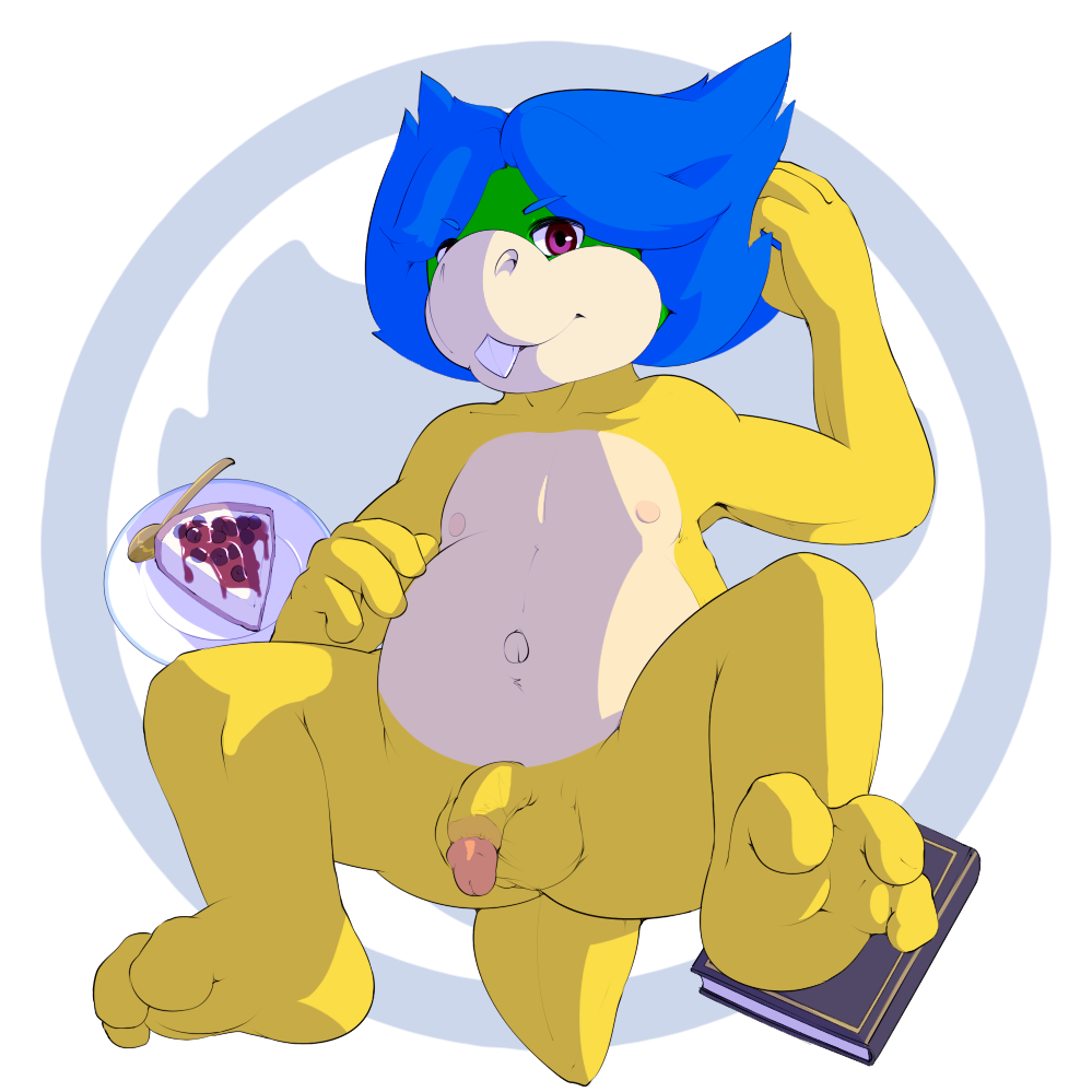 2017 3_toes 4_fingers alpha_channel anthro balls blue_hair book circumcised circumcision_scar clothing flaccid food footwear front_view hair hollo_nut humanoid_penis koopa koopaling looking_at_viewer ludwig_von_koopa male mario_bros navel nintendo nipples nude orange_scales penis purple_eyes scales scalie shoes simple_background solo toes transparent_background video_games