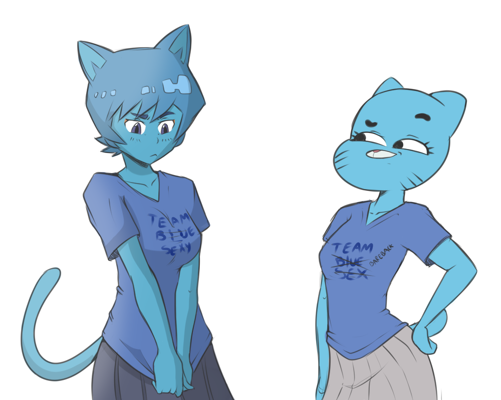 2017 5:4 5_fingers anthro blue_eyes blue_fur blue_hair breasts cartoon_network cat clothing digital_media_(artwork) duo embarrassed english_text eyelashes feline female fur hair hand_on_hip humanoid innuendo jegc mammal nicole_watterson parody pose raised_eyebrow shirt simple_background skirt standing text the_amazing_world_of_gumball whiskers white_background zeigram